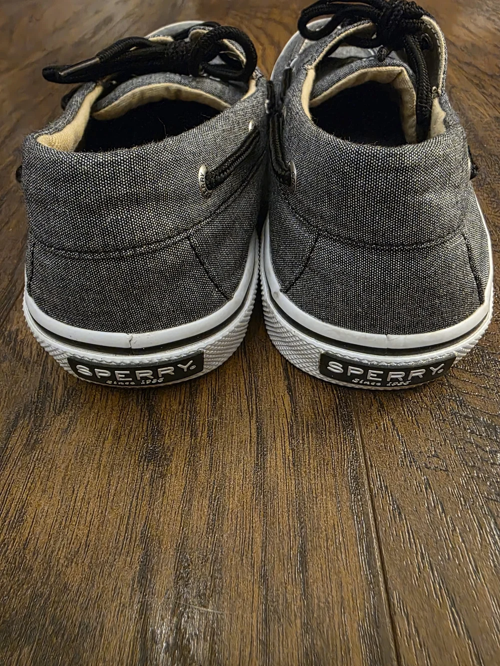 Sperry Gray Canvas Boat Shoes with Black Laces